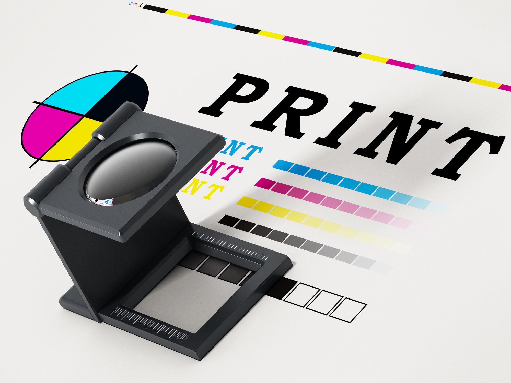 Printing loupe standing on colour test paper. 3D illustration.