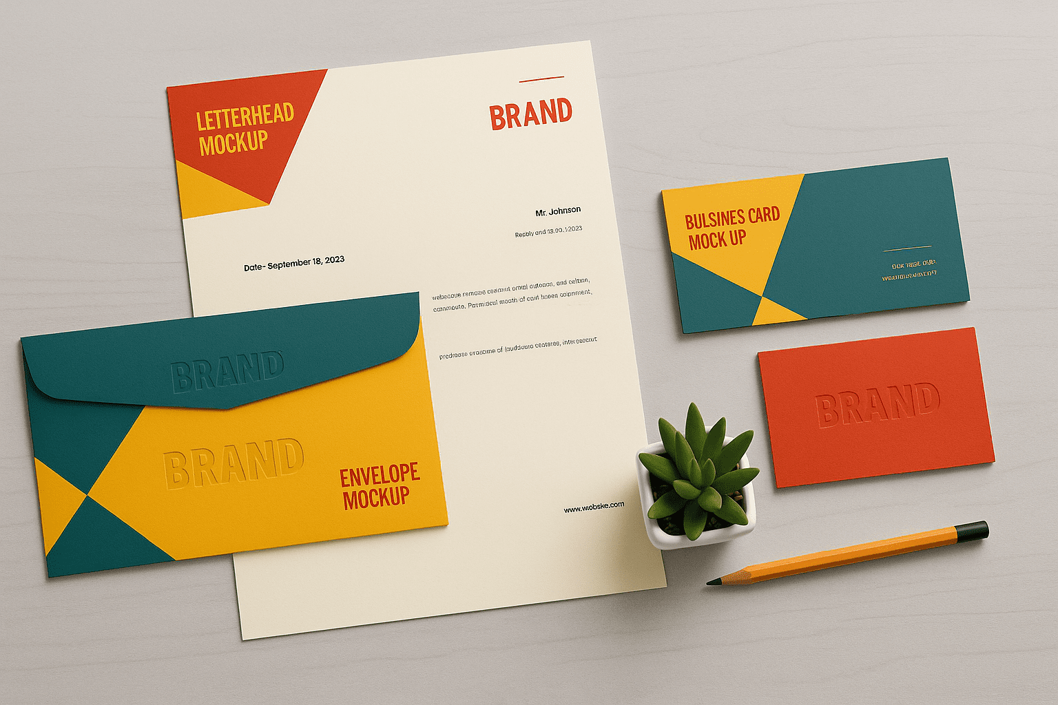 Branded letterhead and envelope set on a wooden desk