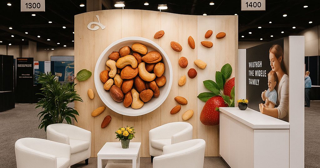 Well-designed trade show booth featuring coordinated signage and promotional materials