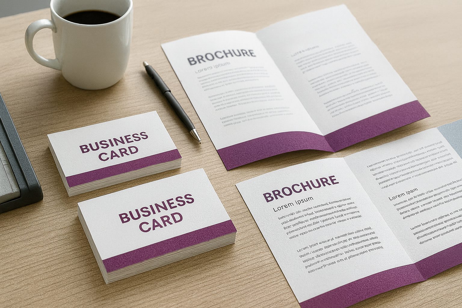 Professional business cards and brochures displayed on desk